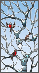 Naklejki  Illustration in stained glass style with bullfinches on branches of a birch tree against the sky and snow