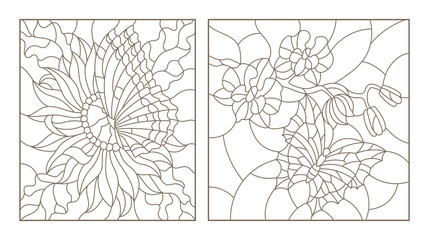 Set contour illustrations of the stained glass with butterflies and flowers, Orchid and Aster butterfly, black contour on white background