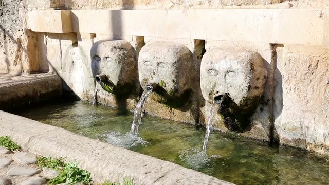 fuente tres canos water fountain in Medranda town, province of Guadalajara, Spain