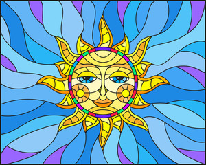 Naklejki  Illustration in stained glass style with fabulous sun with the face on the background of sky