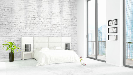 Brand new white loft bedroom minimal style interior design with copyspace wall and view out of window. 3D Rendering.