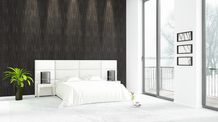 Brand new white loft bedroom minimal style interior design with copyspace wall and view out of window. 3D Rendering.
