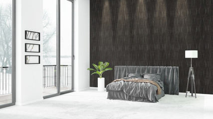 Brand new white loft bedroom minimal style interior design with copyspace wall and view out of window. 3D Rendering.