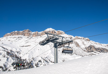 Skiing area in the Dolomites Alps. Overlooking the Sella group  in Val Gardena. Italy