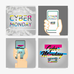 Cyber Monday Poster Set. Glitch Effect text on a gray background. Pictures showing person's hand holding a smartphone. Can be used for special offers, online sales and web promotion.