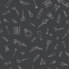 Hand drawn beauty and cosmetics items set. Seamless pattern background for design
