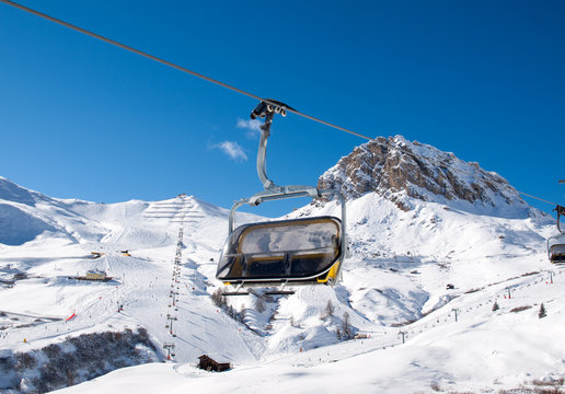 Skiing area in the Dolomites Alps. Overlooking the Sella group  in Val Gardena. Italy