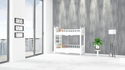 Brand new white loft bedroom minimal style interior design with copyspace wall and view out of window. 3D Rendering.
