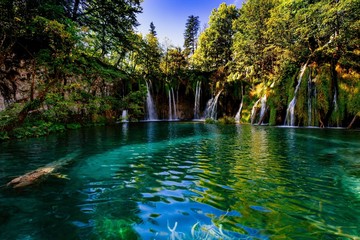 Waterfall in forest. Plitvice lakes, Croatia