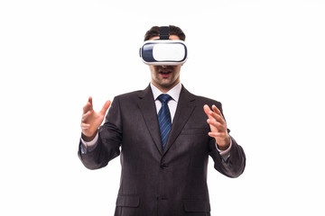 3d vision technology, virtual reality glasses. Male person in suit and digital vr device on white background