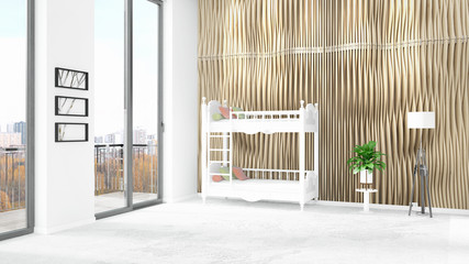 Brand new white loft bedroom minimal style interior design with copyspace wall and view out of window. 3D Rendering.