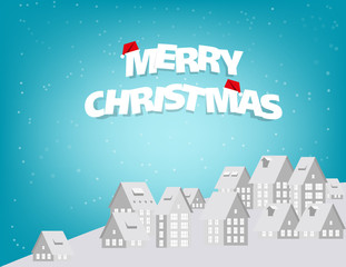 Merry Christmas. Urban landscape city village and snow in winter season. Concept holiday Christmas Festival vector illustration. Paper art style.