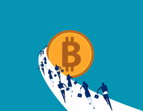 Buisiness people running to bitcoin. Concept business vector illustration. Currency technology bitcoin.