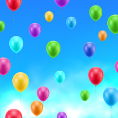 Multicolored balls in heaven. Blue background of colored balloons. Balls backdrop as a vector illustration