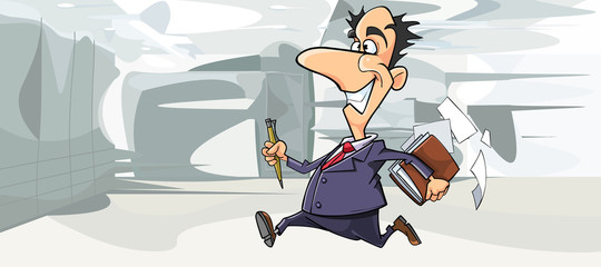cartoon happy man in suit running in the office