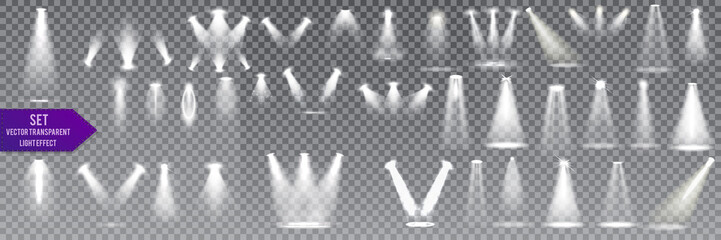 Big collection scene illumination on transparent background. stage illuminated spotlight. Vector illustration.