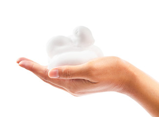 close up foam in hand isolated on white background.
