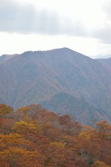 Autumn Landscape of vibrant colorful trees with mountain ranges in Japan