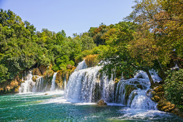 Fototapeta na wymiar Croatia Waterfall of Krka lake, natural travel background, national park