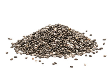 Pile of healthy chia seeds isolated on a white background