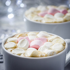 Winter hot marshmallow chocolate. Selective focus, space for text, close up.  