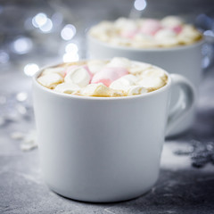Winter Christmas hot chocolate marshmallow drink. Selective focus, space for text, close up.  