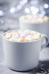 Christmas festive drink with marshmallow. Selective focus, space for text, close up.  