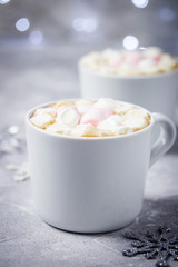 Fototapeta na wymiar Hot chocolate marshmallow drink. Selective focus, space for text, close up. 