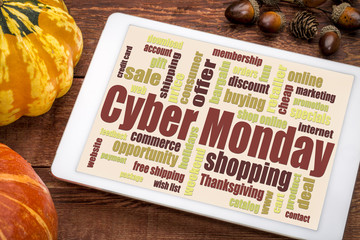 Cyber Monday word cloud on tablet