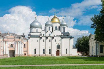 Fototapeta na wymiar St Sophia Russian Orthodox cathedral at sunny summer day in Veliky Novgorod, Russia. Architecture landscape of Veliky Novgorod landmark