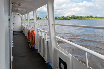 Deck tourist ship to travel on the River Volkhov. Veliky Novgorod. Russia.
