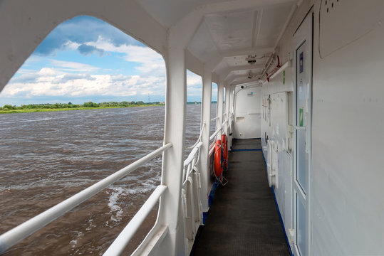 Deck tourist ship to travel on the River Volkhov. Veliky Novgorod. Russia.