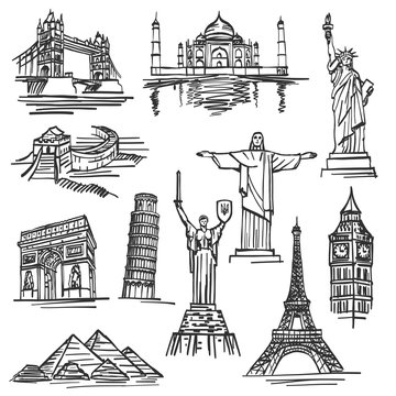 Exercise book sketch of hand drawn tourist places, template design element. Vector illustration