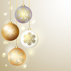 Christmas ball. New Year`s vector illustration. Celebration. Winter. Snow. Snowflakes. Gold. Xmas.