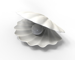 Pearl inside seashell. 3d illustration isolated on white background - obrazy, fototapety, plakaty