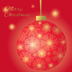 Christmas ball. New Year`s vector illustration. Red. Celebration. Winter. Snow. Snowflakes. Gold. Xmas.