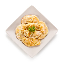 Dumplings - stuffed cheese noodles on white background 