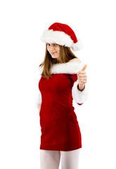 Beautiful woman in Santa Claus clothes showing OK sign on white background