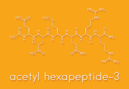 Acetyl hexapeptide-3 (argireline) molecule. Peptide fragment of SNAP-25. Used in cosmetics to treat wrinkles. Skeletal formula.