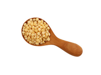 Ptitim Israeli couscous in wooden scoop on white