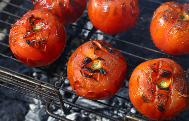 Red tomatoes cooked on bbq grill close up