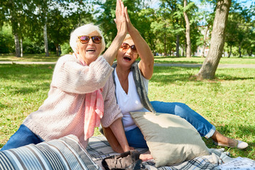 Portrait of two happy senior woman doing high five enjoying picnic in park on sunny autumn day
