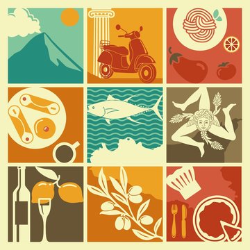 Set of icons on a theme of Sicily
