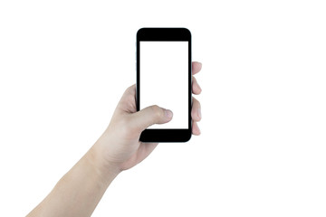 Hand is holding black smartphone, isolated on white background. Clipping path embedded.