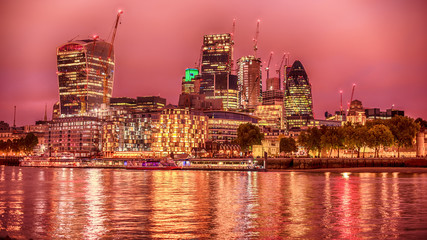 London, the United Kingdom: Skyscrapers of Downtown River Thames at night