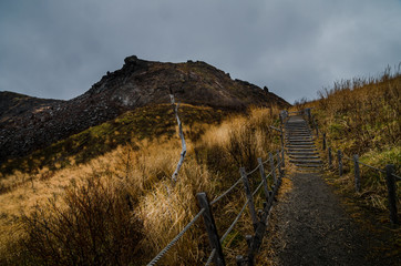 Panoramic view of Mount Usu. Mount Usu is an active stratovolcano in the Shikotsu-Toya National Park, Hokkaido, Japan. It has erupted four times since 1900. To the north lies Lake Toya.
