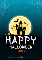 Happy halloween party poster, banner or greeting card. Halloween night background with full moon, spider, web, graveyard and dark blue sky.