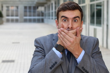 Macabre businessman digging a gossip 