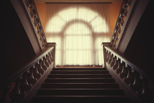 Stone Staircase With Window Whitewashed Curtains In The Palace