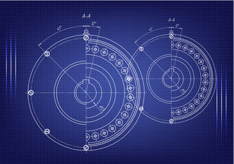 Machine-building drawings on a blue background